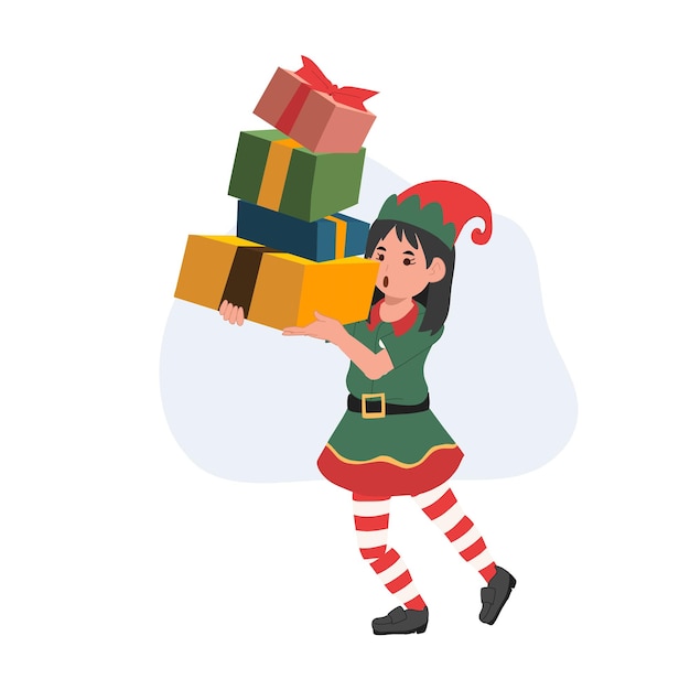 Linda joven elfa de Navidad con muchas cajas presentes ilustración vectorial