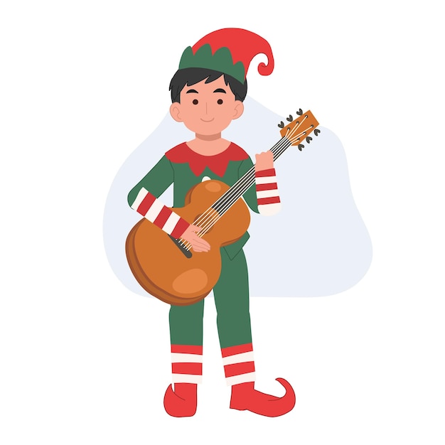 Linda joven elfo de Navidad está tocando la guitarra ilustración vectorial