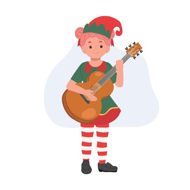 Linda joven elfo de Navidad está tocando la guitarra ilustración vectorial