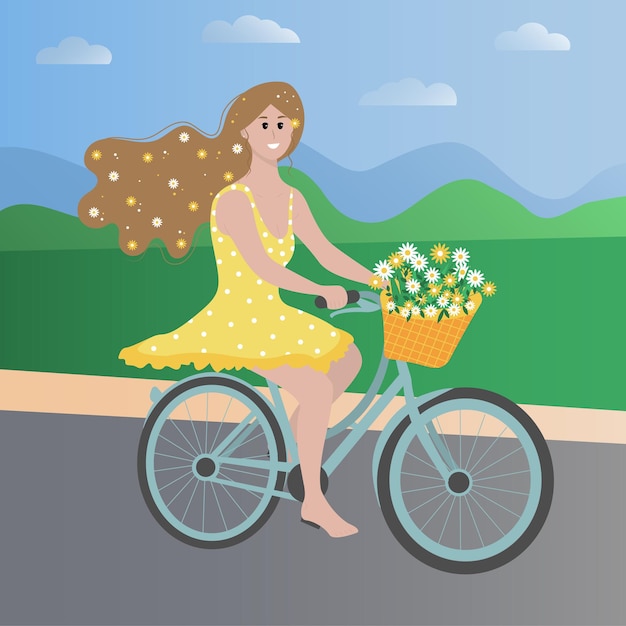 Linda jovencita romántica en una bicicleta con una canasta llena de flores Adorable ciclista femenina