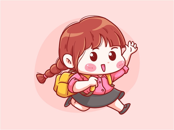 Linda y kawaii Chica corriendo ir a la escuela con mochila Manga Chibi