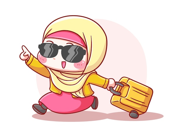 Vector linda y kawaii emocionado hijab niña trae maleta para vacaciones manga ilustración chibi