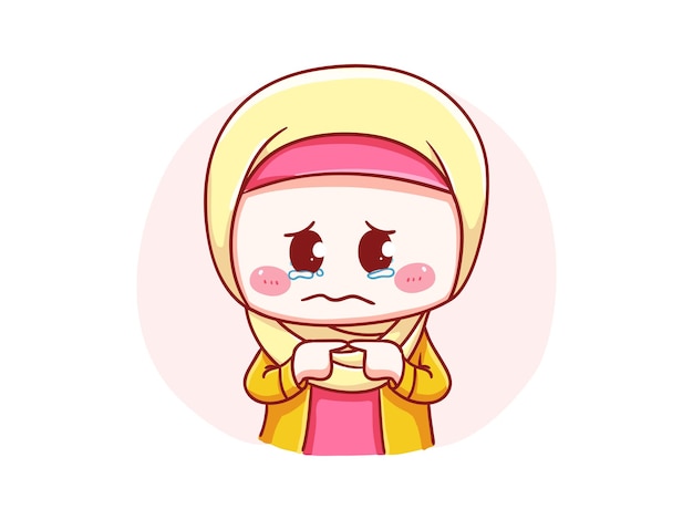 Linda y kawaii hijab girl llorando y sintiéndose culpable ilustración de chibi