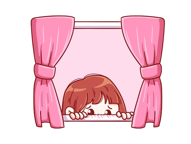 Linda y kawaii Shy Girl escondida en la cortina Ilustración Manga Chibi