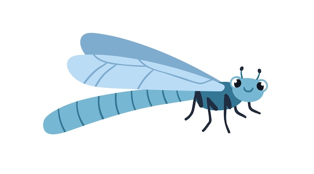 Linda libélula. Insecto volador divertido feliz con alas. Adorable personaje sonriente divertido con emoción positiva. Ilustración vectorial plana infantil aislada sobre fondo blanco.