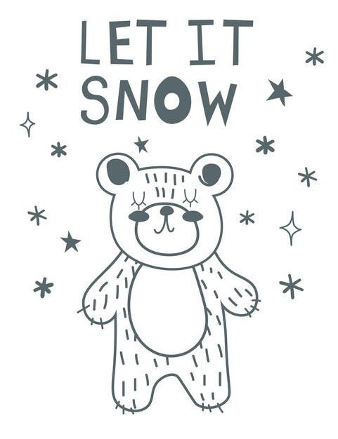 Linda línea de oso Carácter vectorial dibujado a mano déjalo nevar letras estilo de dibujos animados escandinavos Para carteles web invitaciones postales tarjetas de felicitación volantes, etc. EPS