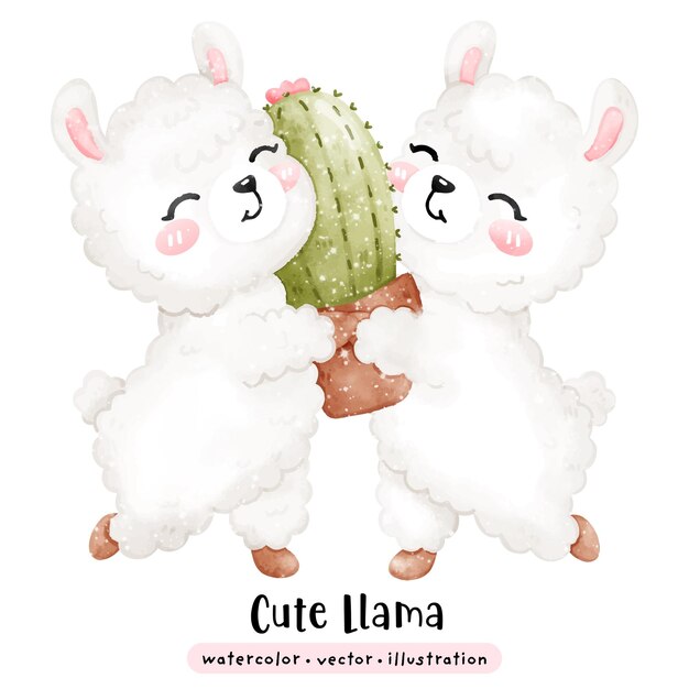 Una linda llama y una alpaca sosteniendo un cactus en estilo acuarela