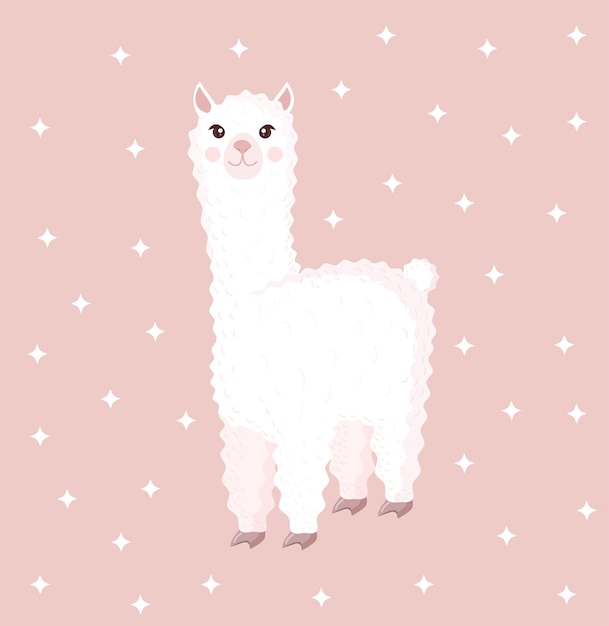 Linda llama o alpaca sobre un fondo rosa con estrellas