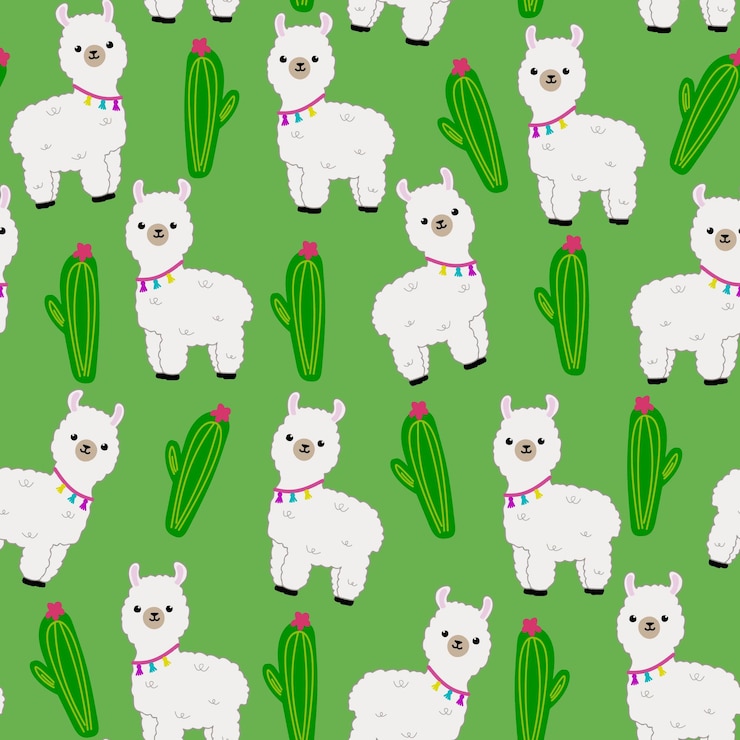 Vector linda llama con patrones sin fisuras de cactus sobre un fondo verde diseño para tela textil y decoración