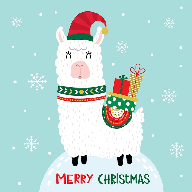 Linda llama con sombrero de duende y regalo de Navidad, lindo personaje de Navidad