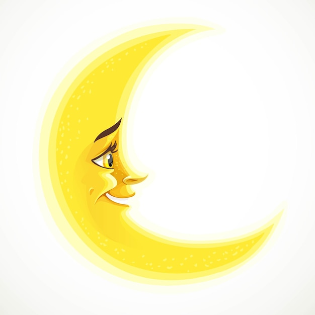 Una linda luna creciente de dibujos animados aislada sobre un fondo blanco