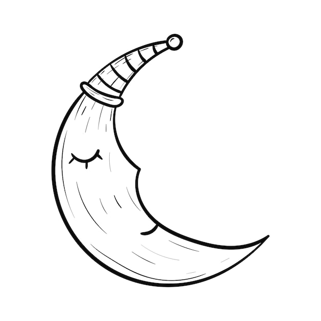 Linda luna creciente de dibujos animados en un gorro de dormir Vector ilustración de garabato aislado