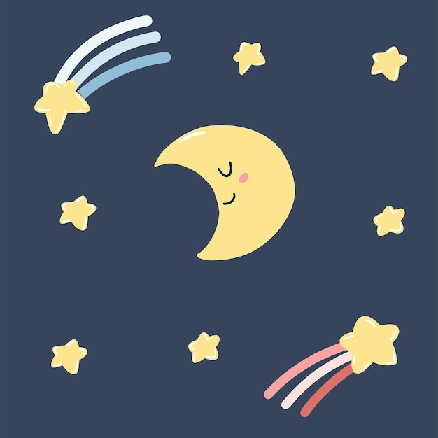 Linda luna kawaii dibujada a mano y estrellas fugaces en estilo plano de dibujos animados Ilustración vectorial de iconos de niños con cara feliz para cartel tela impresión tarjeta ropa de niños