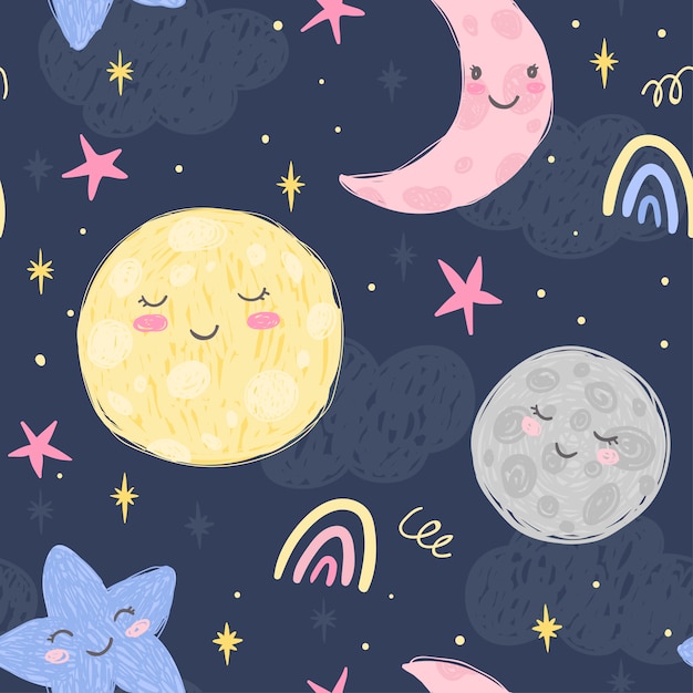 Linda luna, media luna, planeta y estrellas en el fondo nocturno con nubes. Patron inconsútil dibujado a mano. Ilustración para habitación de niños y tela