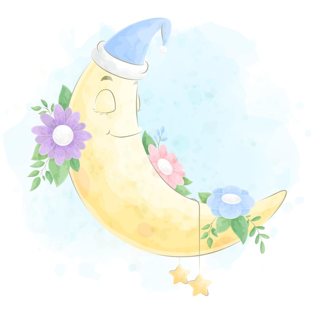 Linda luna pequeña con ilustración de acuarela