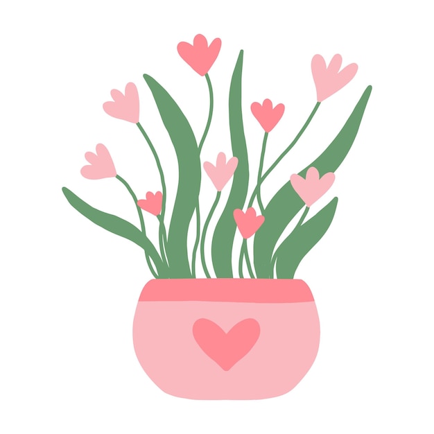 Linda maceta rosa Ilustración de primavera de flores en una maceta Vector ilustración dibujada a mano Ilustración vectorial