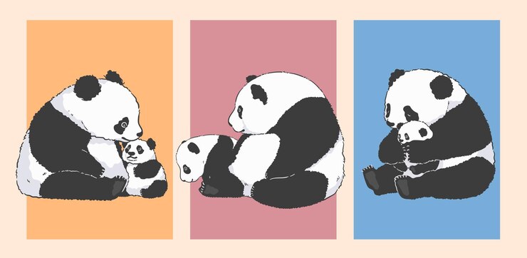 Vector linda madre panda de dibujos animados sosteniendo su conjunto de ilustraciones para bebés