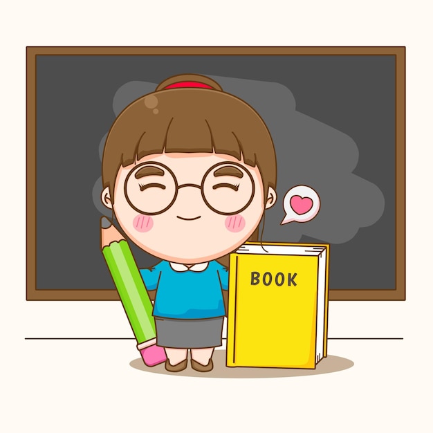 Linda maestra sosteniendo un libro y un lápiz de pie delante de la pizarra de dibujos animados