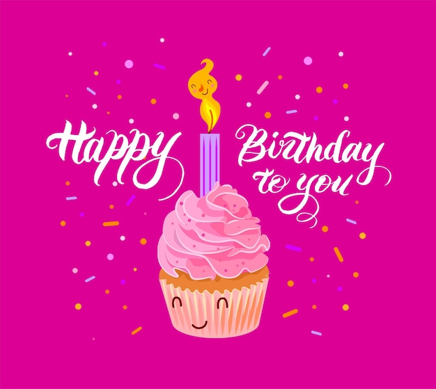 Linda magdalena con crema rosa y una inscripción de vela feliz cumpleaños postal
