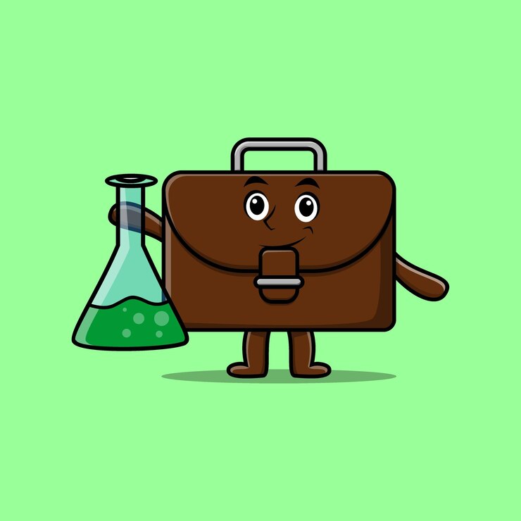 Vector linda maleta de personaje de mascota de dibujos animados como científico con vidrio de reacción química en lindo moderno