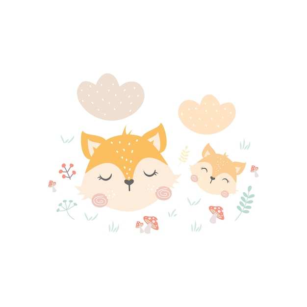 Linda mamá de dibujos animados y pequeño zorro Personajes lindos dibujados a mano Ilustración de vectores de animales de dibujos animados