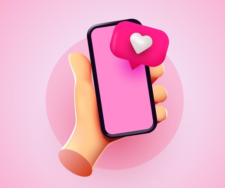 Vector linda mano de dibujos animados sosteniendo un teléfono inteligente móvil con iconos de notificación me gusta redes sociales y concepto de marketing