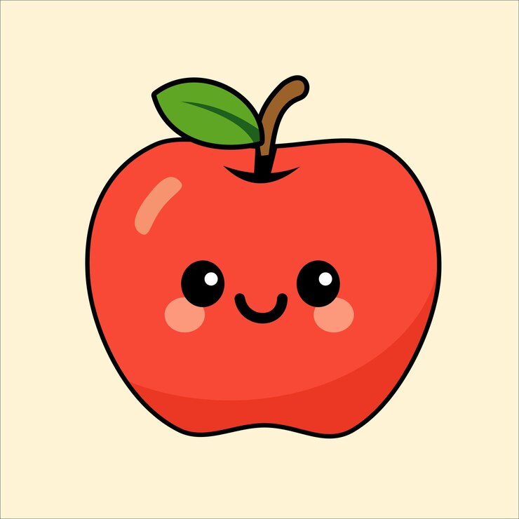 La linda manzana de dibujos animados con la cara sonriente