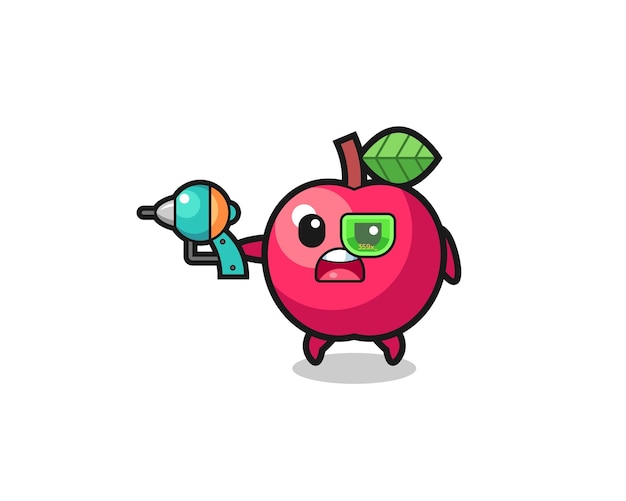 Linda manzana sosteniendo un diseño lindo de pistola futura