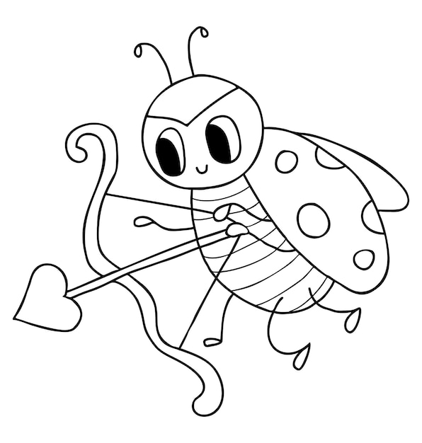 Vector linda mariquita amur pequeño insecto con arco y flecha corazón dibujo de contorno garabato