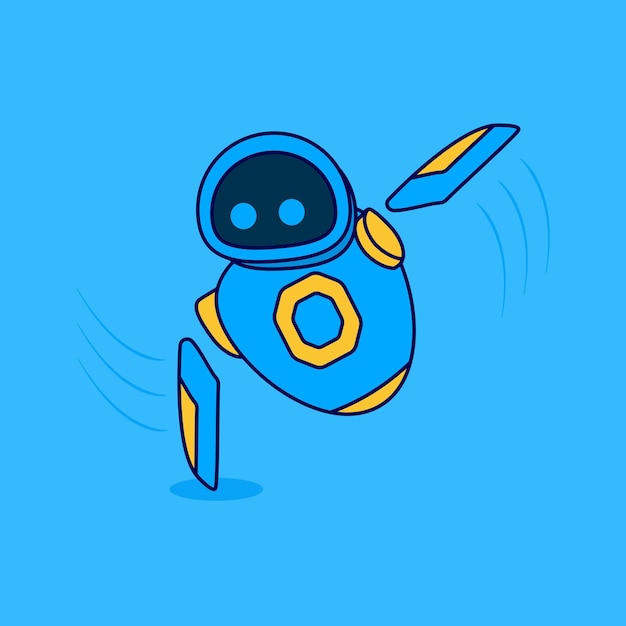 Linda mascota azul robot práctica de baile con una ilustración de icono de dibujos animados de mano. Diseño plano de dibujos animados