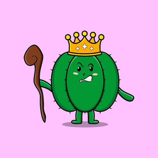 Linda mascota de cactus de dibujos animados como rey sabio con corona dorada e ilustración de palo de madera