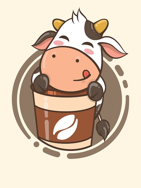 Linda mascota de café de vaca - personaje de dibujos animados e ilustración de logotipo