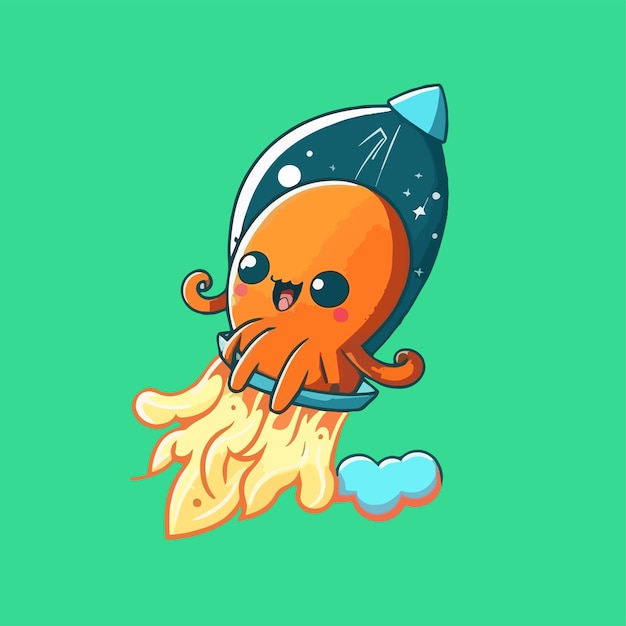 Linda mascota para cohete volador en forma de pulpo que dispara diseño de dibujos animados planos de fuego