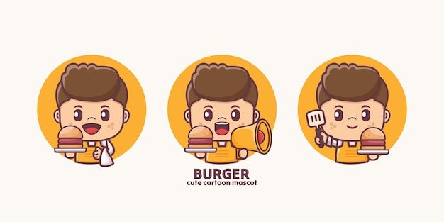 Linda mascota de dibujos animados y Burger con diferentes expresiones faciales y poses