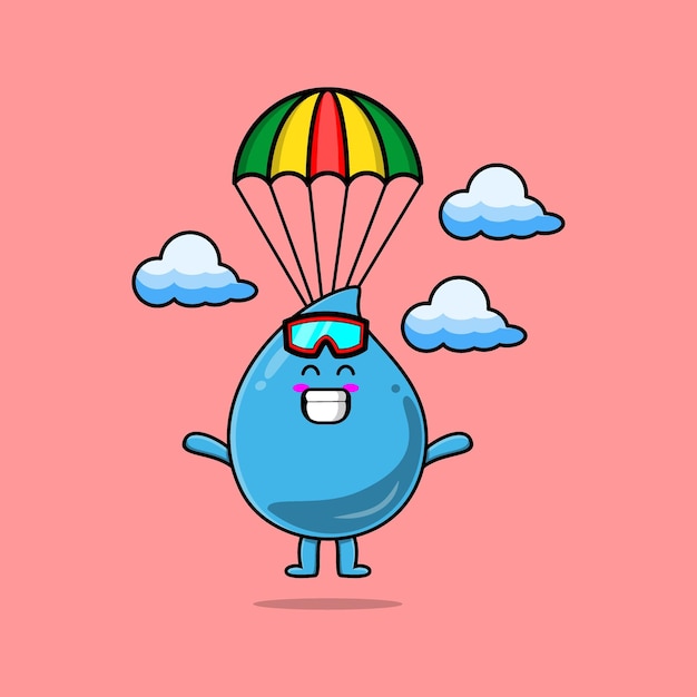 Linda mascota de dibujos animados Gota de agua es paracaidismo con paracaídas y gesto feliz diseño de estilo moderno