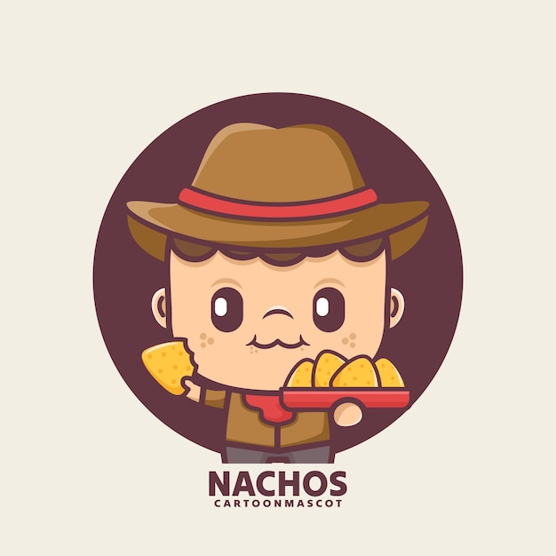 linda mascota de dibujos animados con ilustraciones vectoriales de nachos con estilo de contorno