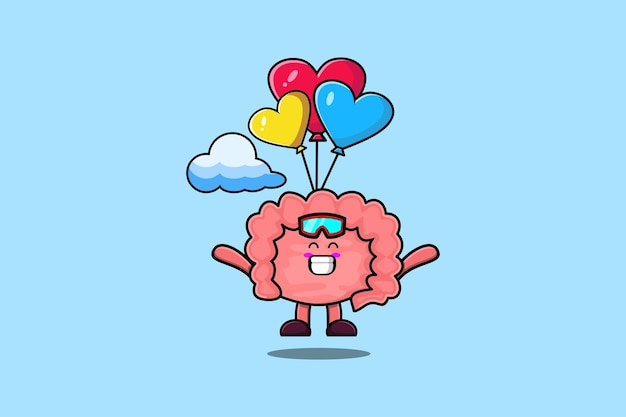 Linda mascota de dibujos animados Intestine es paracaidismo con globo y gesto feliz lindo diseño de estilo moderno