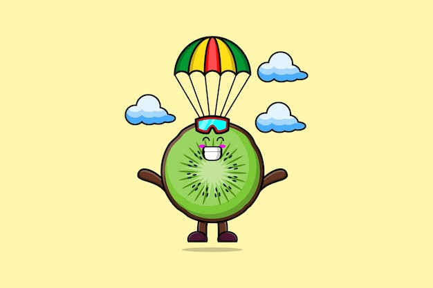 Linda mascota de dibujos animados Kiwi fruit es paracaidismo con paracaídas e ilustración de gesto feliz