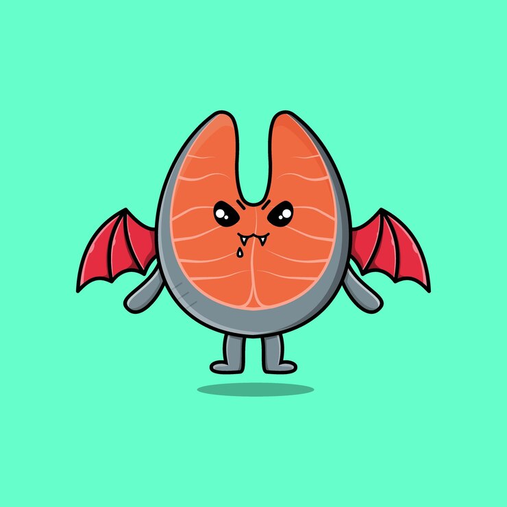 Vector linda mascota de dibujos animados personaje de salmón fresco como drácula con alas en un lindo estilo moderno