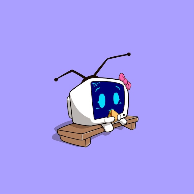 Linda mascota dibujos animados televisión analógica mujer sentada y comiendo