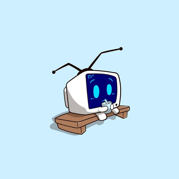 Linda mascota dibujos animados televisión analógica sentado y bebida
