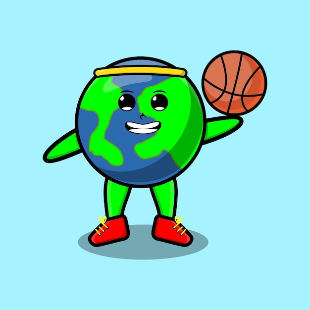 Vector linda mascota de dibujos animados tierra jugando baloncesto en un diseño de estilo moderno para la etiqueta de la camiseta, etc.