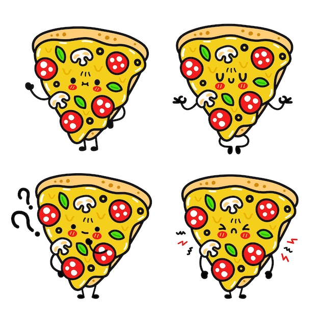 Linda mascota divertida pizza feliz set colección. Icono de ilustración de personaje de kawaii de dibujos animados de línea de doodle de vector. Aislado sobre fondo blanco. Concepto de conjunto de paquete de mascota de dibujos animados de pizza