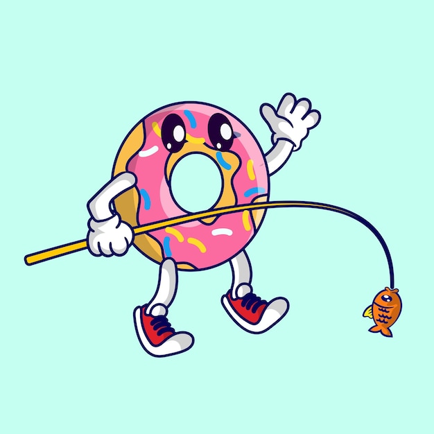 Vector linda mascota de donut pescando un pez