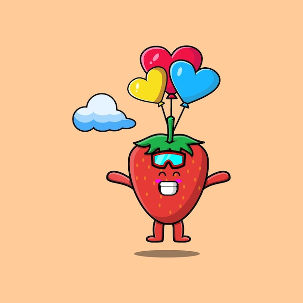 Linda mascota de fresa de dibujos animados es paracaidismo con globo y gesto feliz lindo diseño de estilo moderno