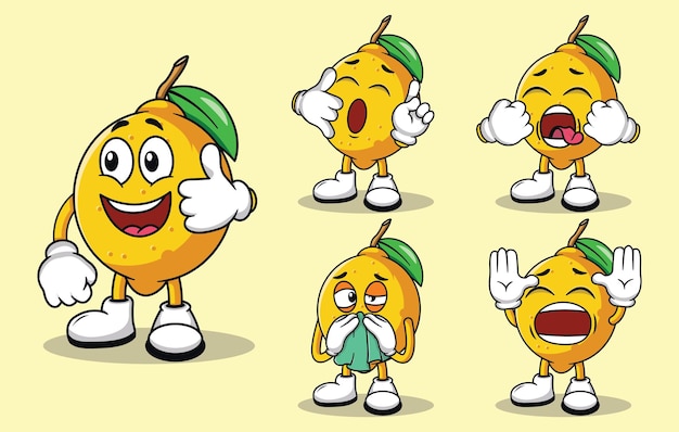 Linda mascota de fruta de limón con varios tipos de colección de conjuntos de expresiones