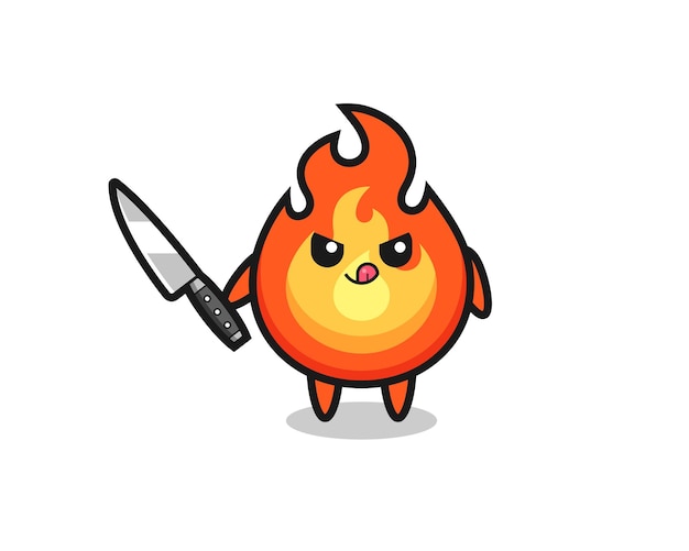 Linda mascota de fuego como un psicópata sosteniendo un cuchillo, diseño de estilo lindo para camiseta, pegatina, elemento de logotipo
