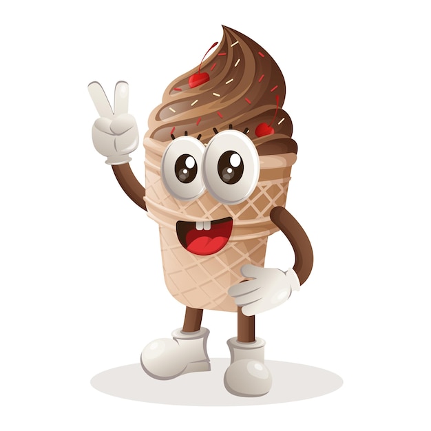 Linda mascota de helado con mano de paz