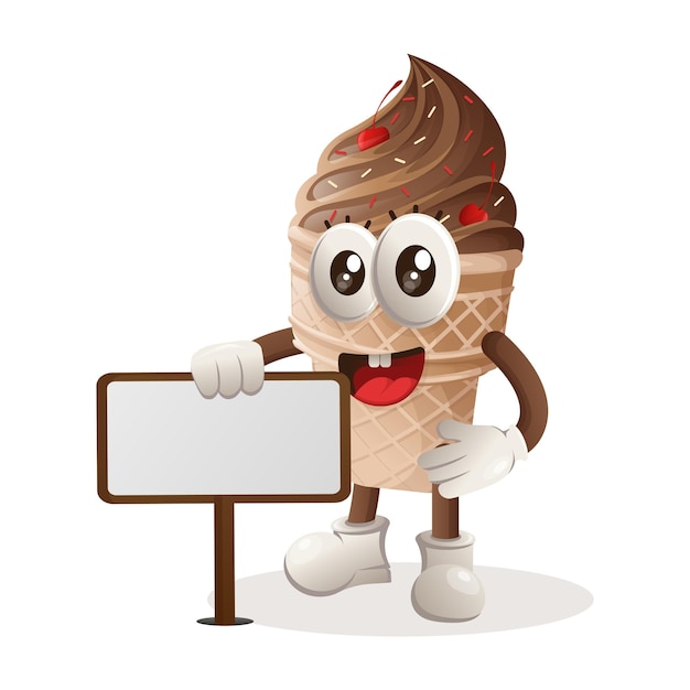 Linda mascota de helado de pie junto a una cartelera