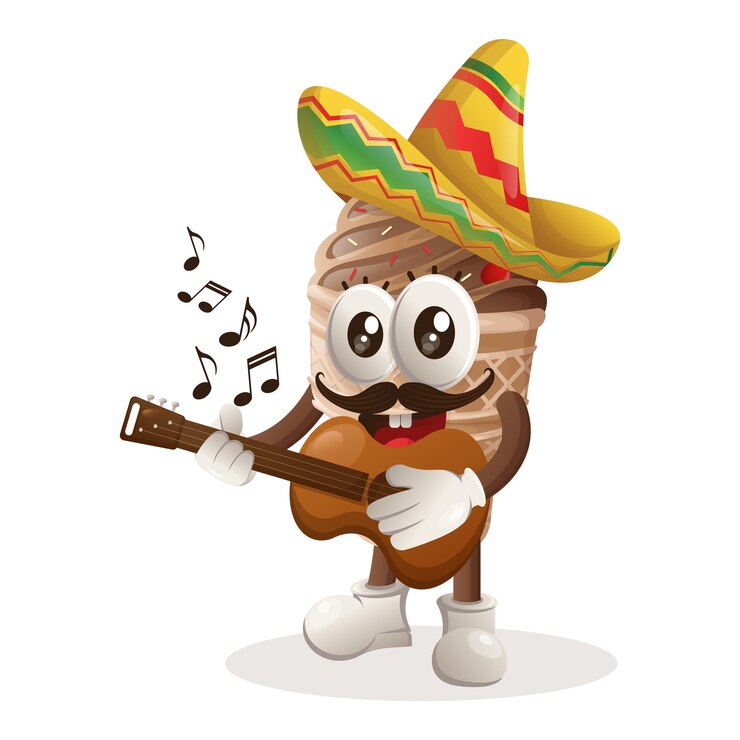Vector linda mascota de helado con sombrero mexicano tocando la guitarra